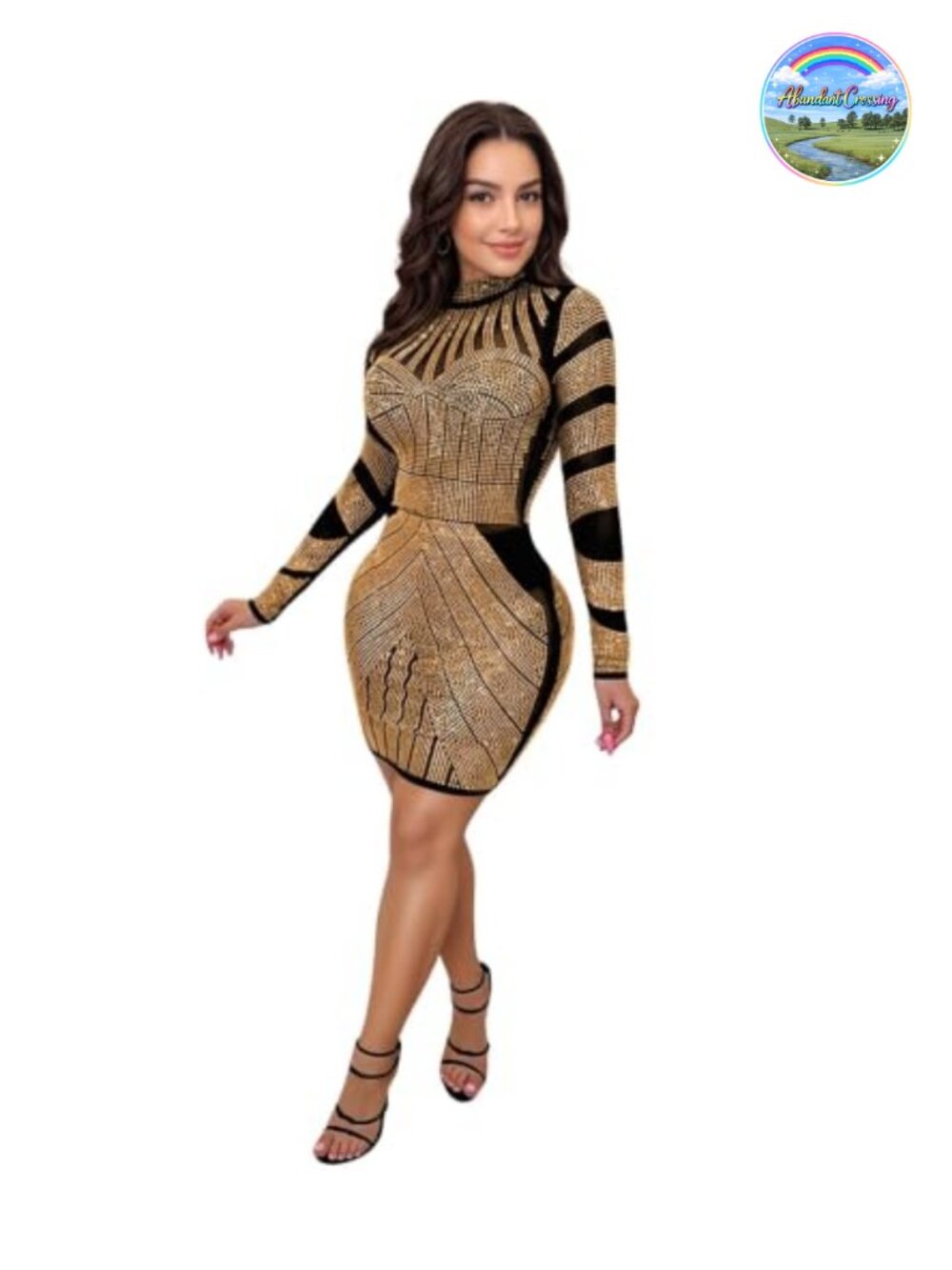 Rhinestone Mesh Bodycon Long Sleeve Evening Party Club Dress